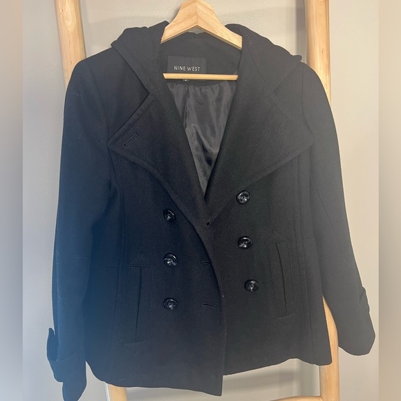 Nine West size 8 Women's hooded Black Double-Breasted Peacoat Coat - Picture 4 of 7
